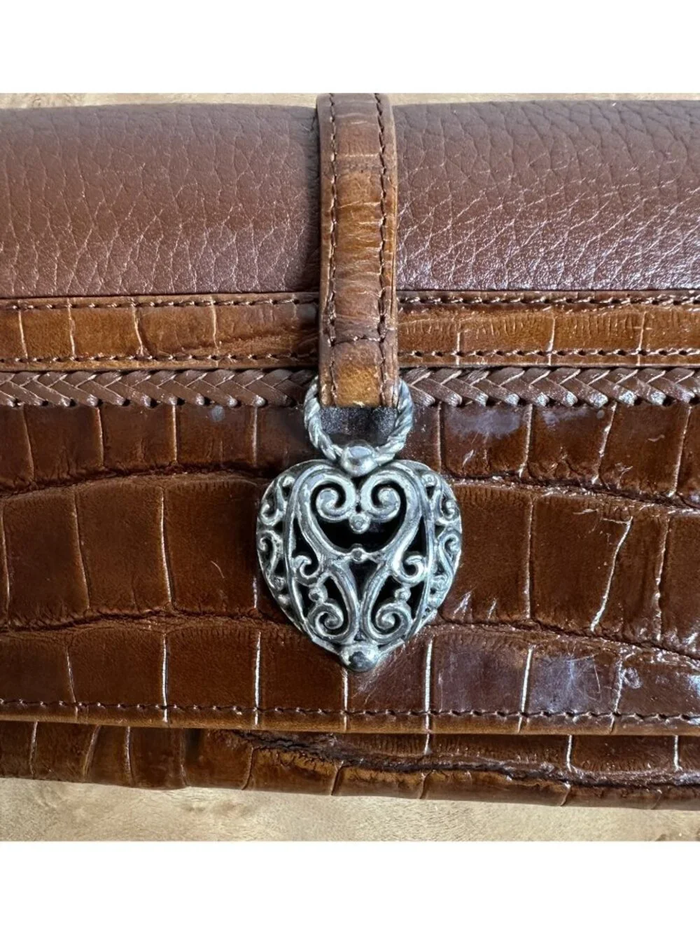 Brighton Brown Leather Croc Embossed Heart Charm Organizer Wallet